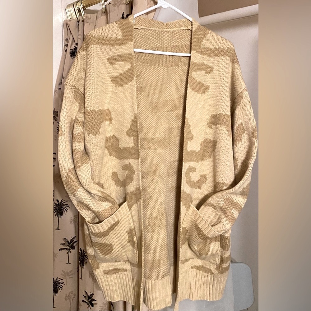 Soulomelody Msikiver Leopard Print Tan Cardigan Womens Large Open Front Sweater - Picture 3 of 5